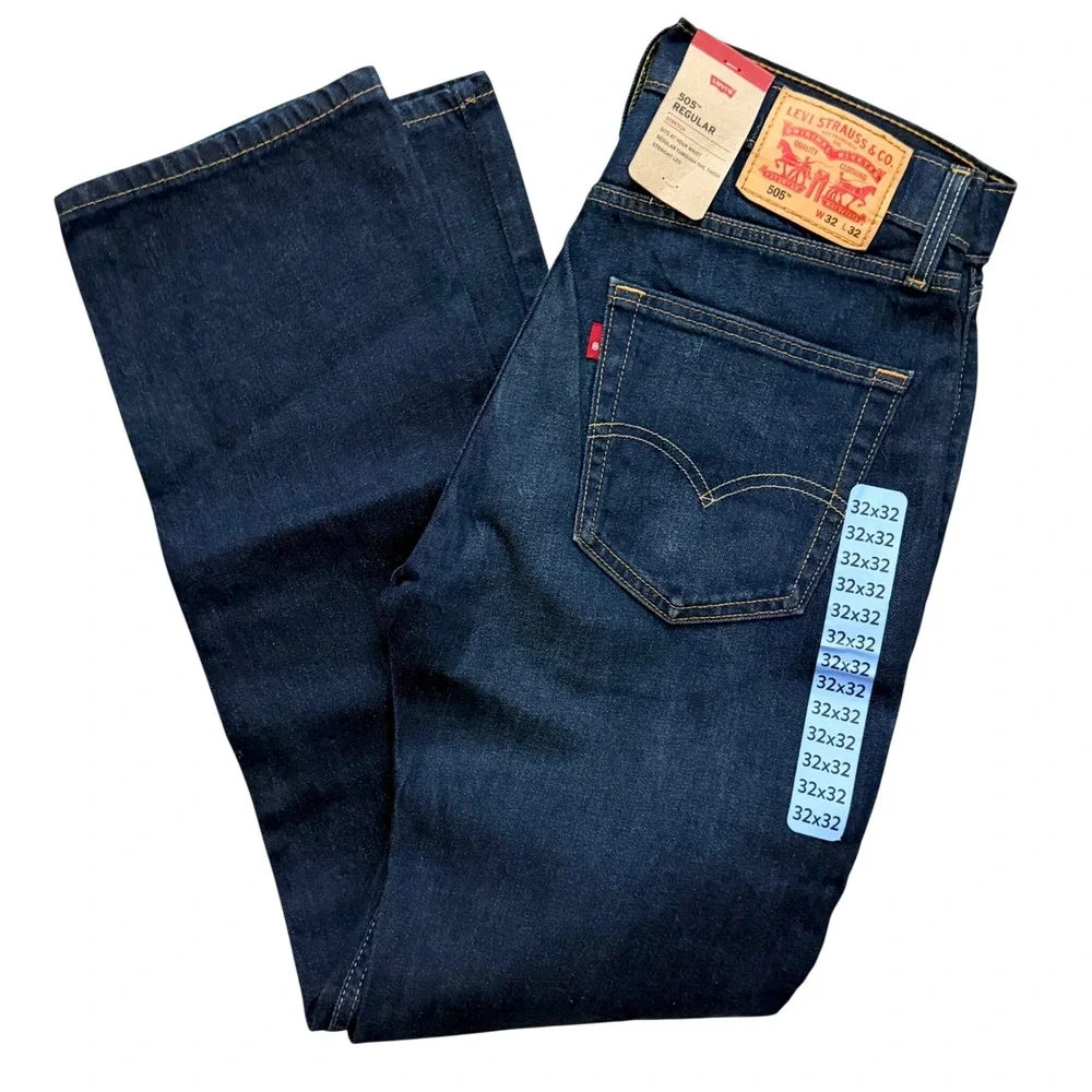 New Levi's 505 Regular Fit Jeans Mens 32x32 Dark Wash Stretch Straight Leg